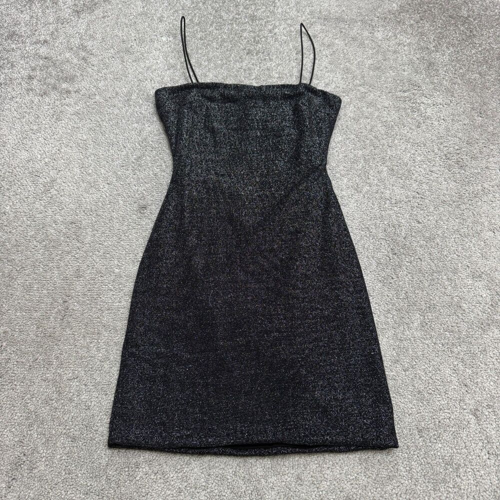 Oh Polly Sparkly Cut-Out Mini Bodycon Cami Dress Womens 2Black Silver Glitter